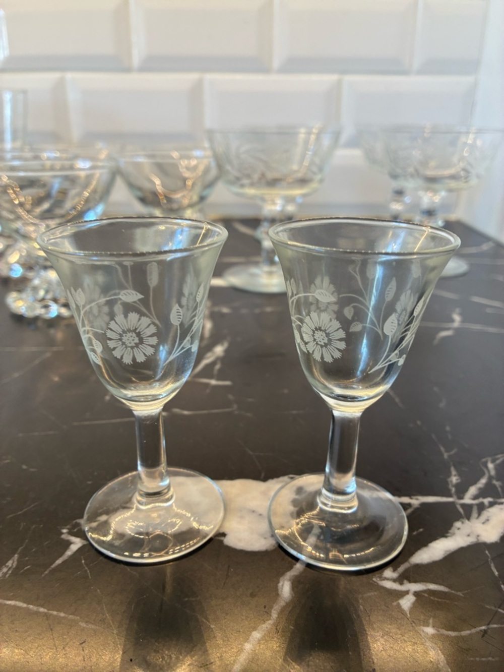 Vintage Floral Etched Liqueur Glasses – Set of 2